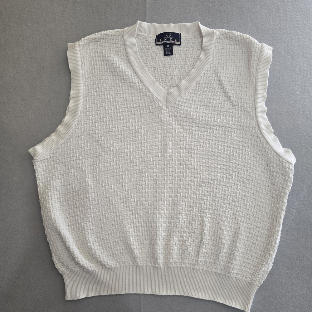 Enro Traditions Sweater Vest Mens Medium Cream Basketweave Knit V-Neck Cotton
